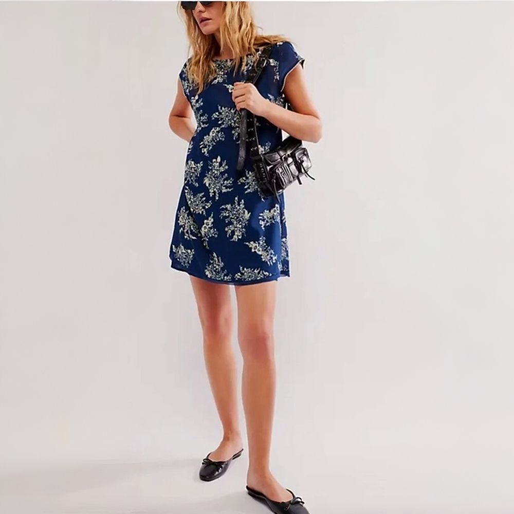 Nwt Free People Mazzy Mini Dress XS Blue Floral Shift Coastal Minimalist
